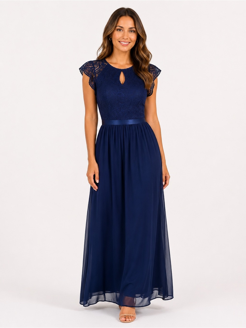 NWT Navy Lace Cap-Sleeve Maxi Dress with Satin Waistband Flowy, L